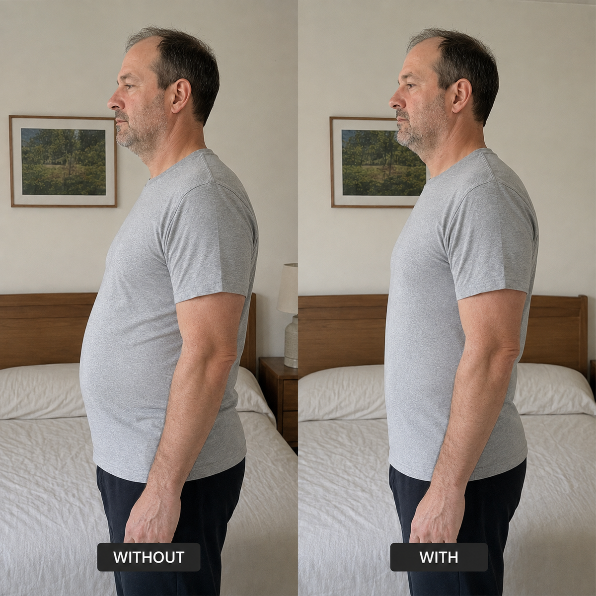 Side comparison without and with the CONTOUR compression shirt