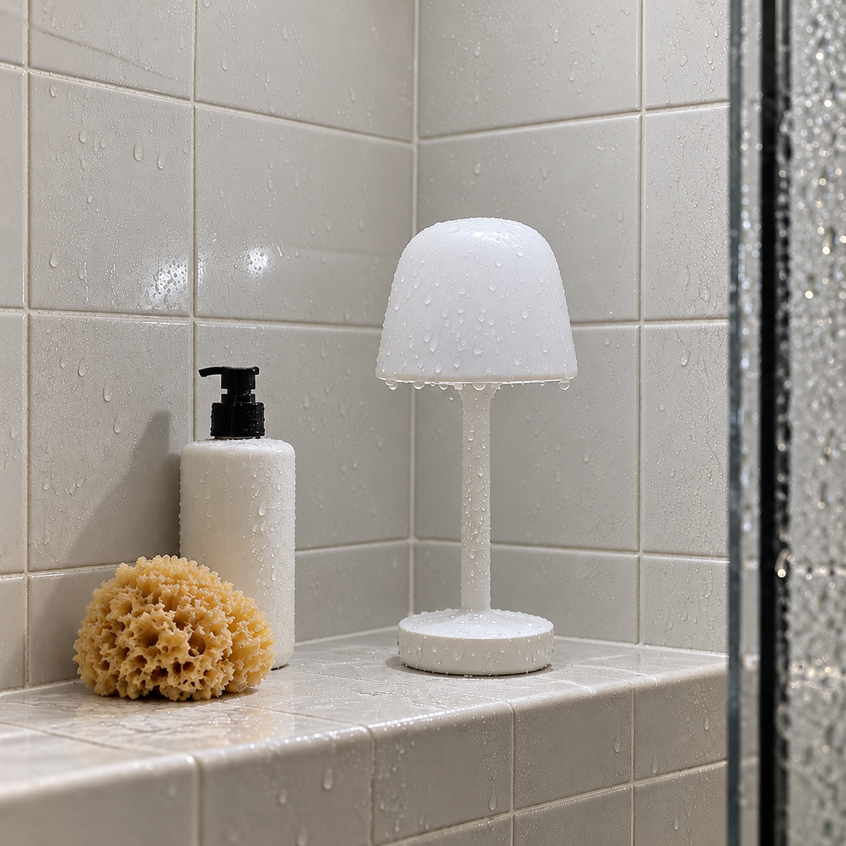 The shower under the bright ceiling light